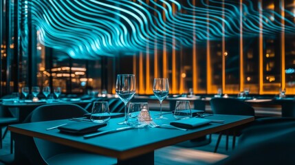 Vibrant Lounge Ambience with Glowing Lights and Wine Glasses