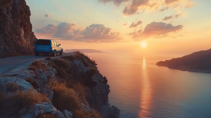 Sunset Overlook: SUV on Coastal Clifftop Road at Golden Hour