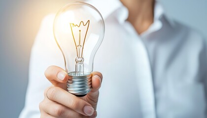 A person holds a glowing light bulb, symbolizing innovation, ideas, and inspiration in a professional or creative context.