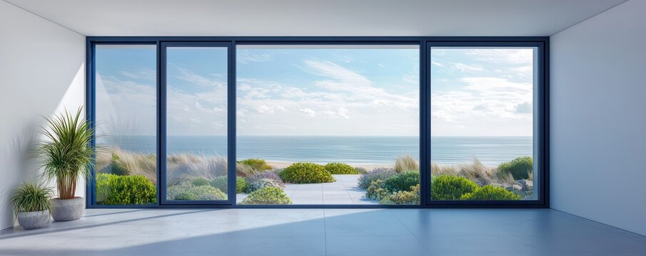 Fototapeta Sleek garden room with navy blue windows, overlooking a minimalist seaside landscape Contemporary design, high-resolution image
