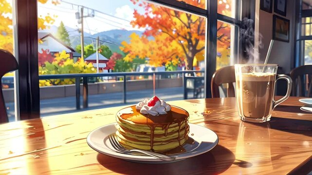A pancake on a restaurant table at sunset. Seamless 4K looping timelapse video animation background