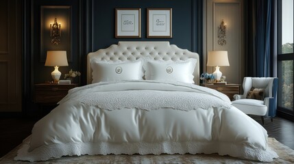 A luxurious bedroom featuring an elegant tufted bed with white bedding, decorative pillows, and stylish lamps against a dark wall backdrop.
