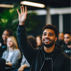 Smiling student raising hand in classroom, eager to participate in discussion