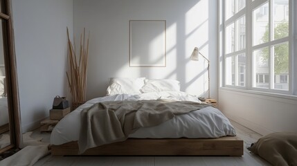 Natural light floods a spacious bedroom with a wooden bed, inviting white linens, and tall windows. The minimal decor creates a calm atmosphere, perfect for relaxation and rejuvenation.