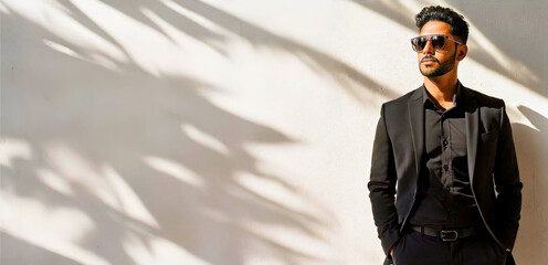 A South Asian man wearing sunglasses, a black suit, and a black dress shirt.