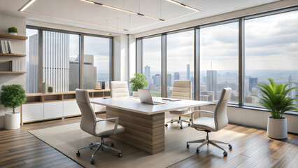 Mockup wall. Office interior and chairs with meeting table , ceo desk near window. 