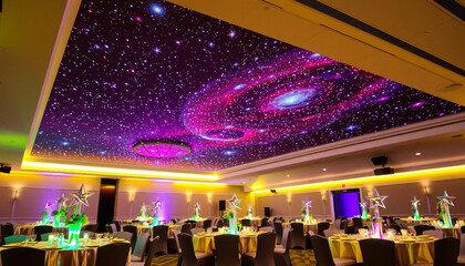 A breathtaking cosmic-themed ceiling adorned with stars at an elegant banquet event, creating an enchanting and atmospheric dining experience for guests.
