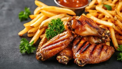 Grilled chicken wings tossed in a honey and garlic glaze, served with crispy fries, grilled chicken wings and fries, comfort food