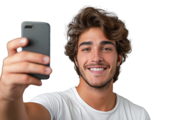 Business man recording video make selfie isolated die cut transparent PNG.