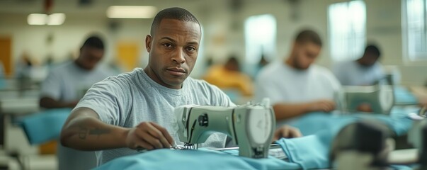 Prisoners sewing uniforms in a vocational training room, overtheshoulder shot, realistic lighting, sewing machines, fabric details, focused expressions, ultrarealistic style