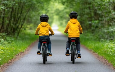 A family riding bicycles together down a treelined path on a beautiful Sunday, Sunday family ride, active weekend