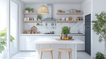 A white kitchen with a white countertop island and two wooden stools. The kitchen has white cabinets, wooden shelves, and a stainless steel range hood