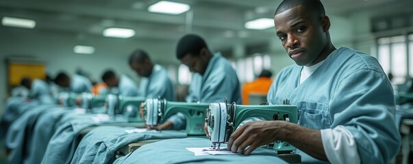 Prisoners sewing uniforms in a vocational training room, overtheshoulder shot, realistic lighting, sewing machines, fabric details, focused expressions, ultrarealistic style
