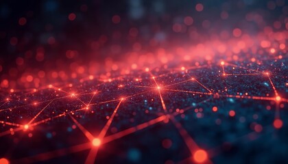 Futuristic Glowing Abstract Network of Lines and Dots in Red and Orange on Dark Background for Technology Concepts