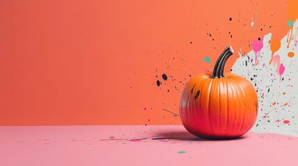 A single pumpkin sits on a pink surface, splashed with colorful paint.