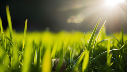 Fototapeta premium Close-up of green grass with sunlight in the background