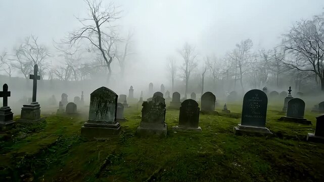 A foggy and eerie graveyard with tall, grey tombstones scattered amongst the mist and overgrown grass.