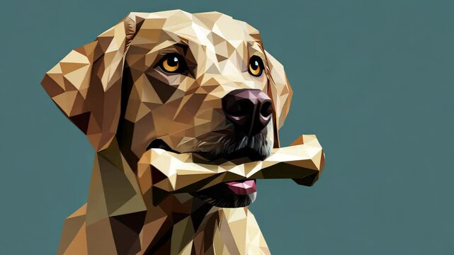 A low-poly Labrador Retriever holds a bone in its mouth, looking up with hopeful eyes