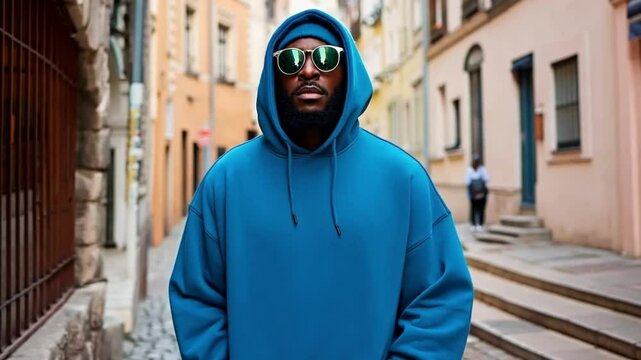 A stylish African American young man wearing blue hoodie in a street. Perfect for urban clothing motion mockup.