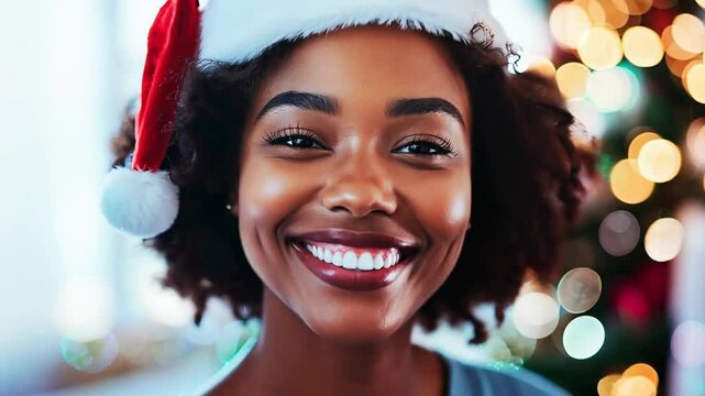 A smiling young African American nurse wearing Santa hat in hospital. 