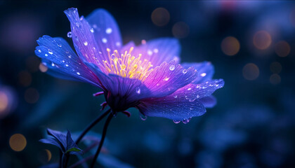 A beautiful purple flower decorated with tiny droplets of water on the petals