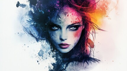 colorful aquarell artistic young woman face portrait, with fashion hairstyle hair, sexy girl, speed splash painted, watercolor illustration 