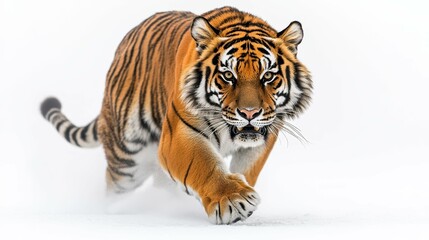 Obraz premium Majestic Tiger Stalking in Dynamic Pose on White Background
