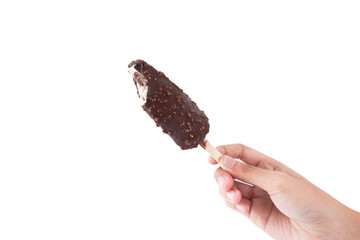 A hand holding a chocolate ice cream stick