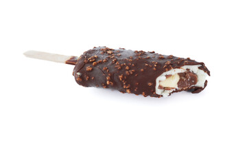 A chocolate and vanilla ice cream stick with nuts on top