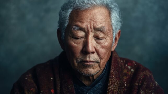 An elderly Asian man with a contemplative expression, set against a muted gray backdrop