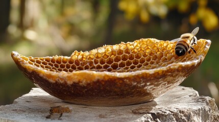 Fototapeta premium Close-up of a dipper on honeycomb in a bowl 