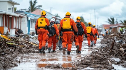 A rescue operation in progress, with professionals working to clear debris and assist victims in an area affected by severe weather conditions