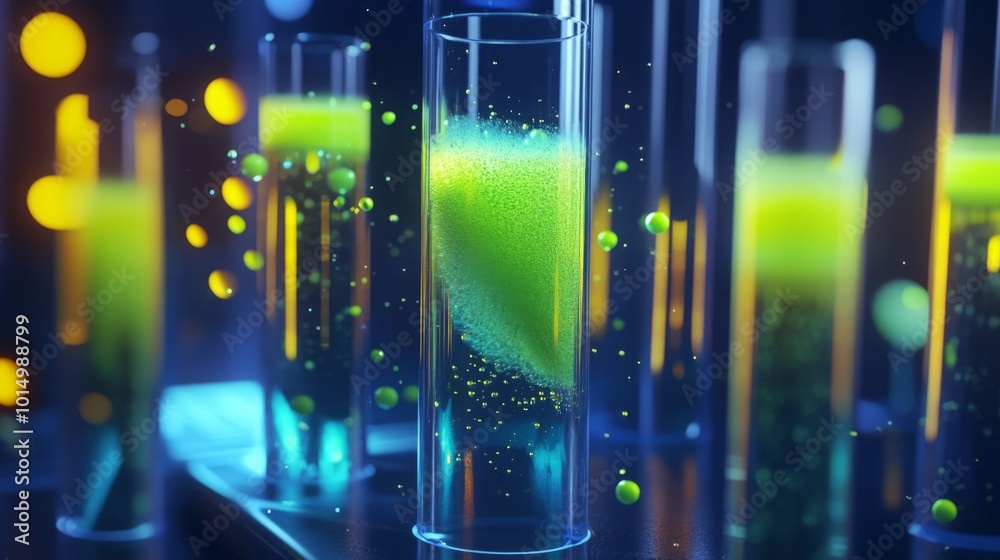 Poster glass tubes filled with bright green liquids bubbling and mixing, creating mesmerizing patterns