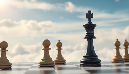 Fototapeta premium Pawn is ahead of the others. Cloudy sky. Leadership concept. Success. Abstraction. Business isolated with white highlights, png