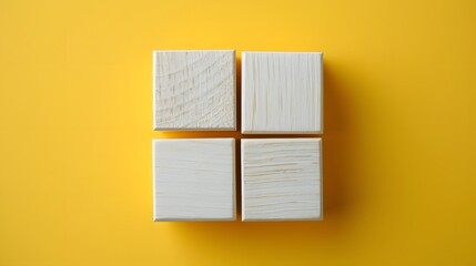 Four White Wooden Blocks on a Yellow Background