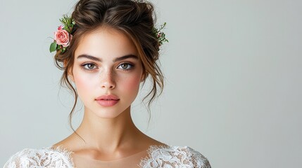 Fototapeta premium Elegant Bride with Floral Hair Arrangement