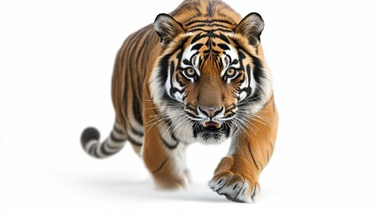 Obraz premium Majestic Tiger in Powerful Stalking Pose on White Background