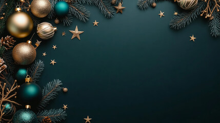 Modern Blue Christmas background with gold balls and fir branches. Greeting card, Happy New Year