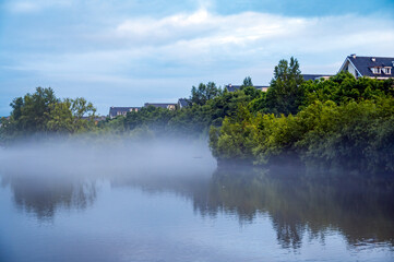 The mist on the lake outside the villa area