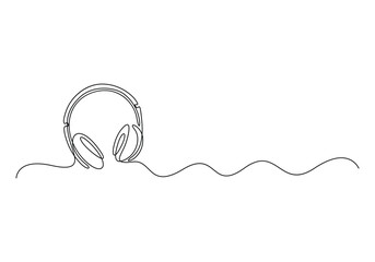 One line drawing of headphone, headset. Music element for listening audio, radio playlist. Isolated on white background vector illustration