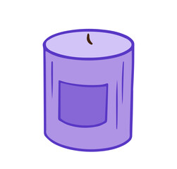 A minimal, stylized purple candle with a darker purple label on the side. It has a flat top no flame. ideal for icons, graphics, or product designs.
