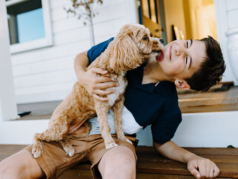 Light brown dog licking the face of a young boy.