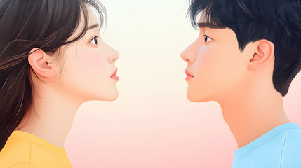 Fototapeta premium Mutual understanding and empathy concept. Illustration of two individuals in close-up, with one showing a high level of attentiveness through body language and expressions.