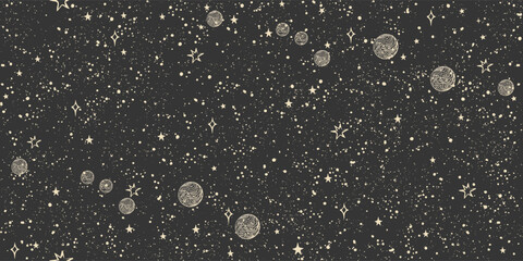 Seamless space pattern with stars and planets on black background for tarot, astrology. Mystical sky abstract ornament for wallpaper, wrapping paper. Vector illustration.
