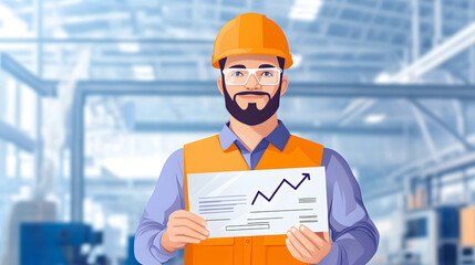 Wage increases for employees and labor concept. A worker and a rising arrow symbol, with a factory scene in the background.