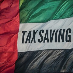 Word of TAX SAVING against the flag of United arb emirates. People move to Dubai to save TAX on their earnings.