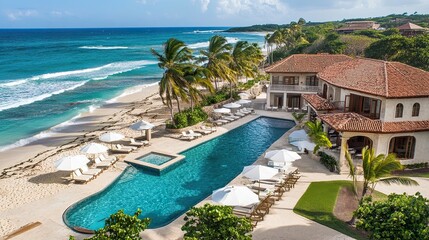 Obraz premium Exclusive resort-style luxury hotel with infinity pools, private cabanas, and a pristine beach backdrop