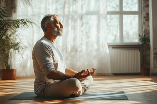 Senior man practicing yoga meditation sitting cross legged in sunny room