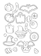 linear vector set of drawn various Halloween candies cupcakes cookies