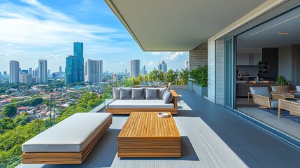 Fototapeta premium A modern balcony with stylish furniture overlooks a vibrant city skyline, offering a serene leisure space.
